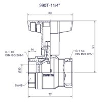 Comfort-Heizungskugelhahn DN32 1 1/4" IG m.Iso-T-Griff ms-vern.PN40(990T)VPE=3Stk