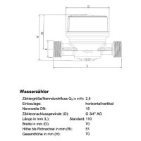 comfort-Zapfhahnzähler ZH-AP Q3 2,5 kalt DN 15 (1/2") 3/4" AG x 110mm smart M